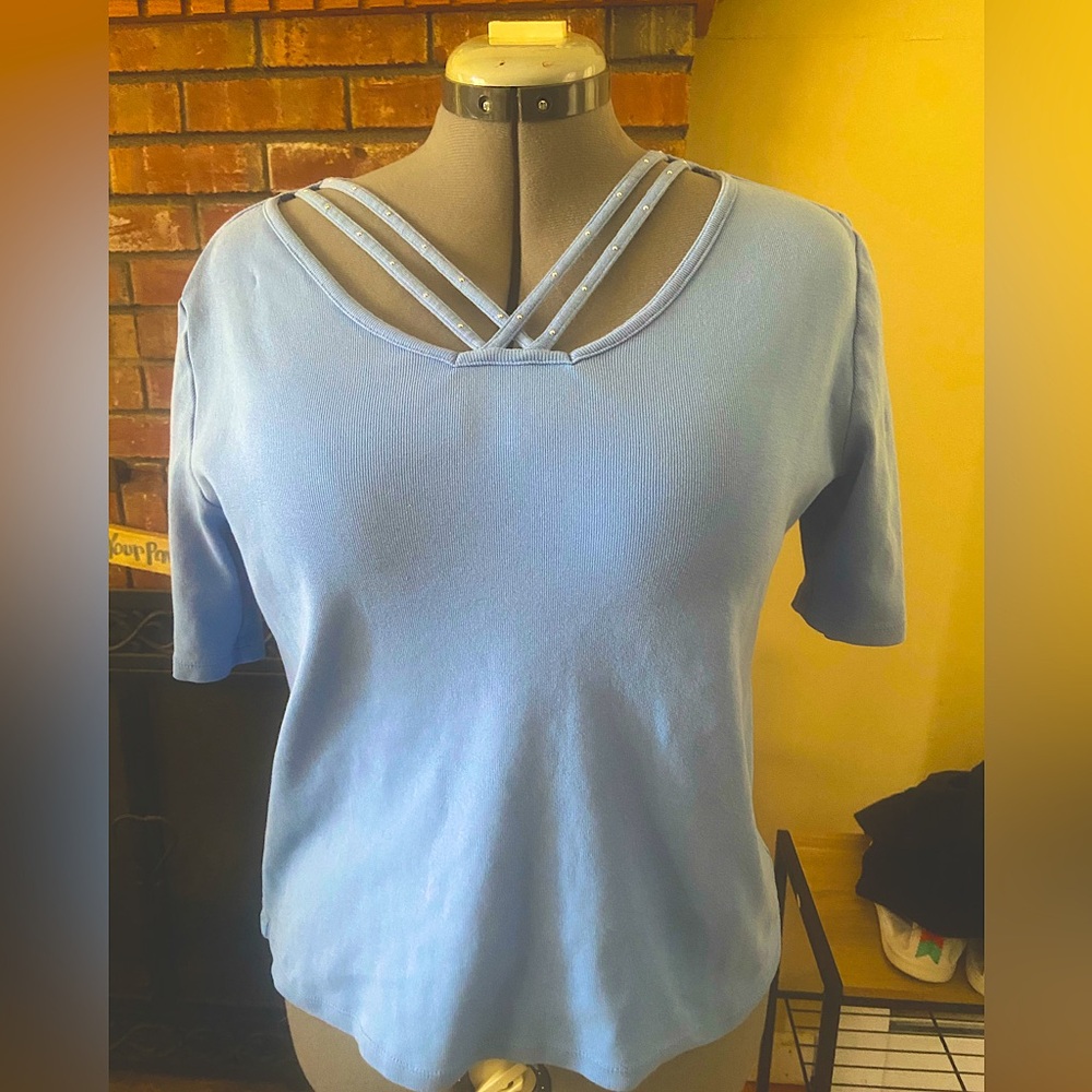 Rafaella Cotton Tee with decorative strapped neckline, Light blue, size L